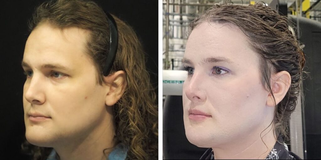 Side-by-side images of a person with long wet hair, wearing headphones, viewed from the side in both photos. left image indoors, right image with bright lighting. Saxon MD