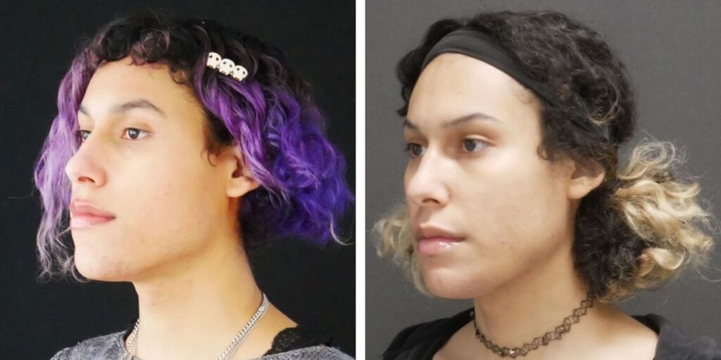 Side profiles of two individuals, one with purple hair and a hair clip, and the other with black headband and curly hair. Saxon MD