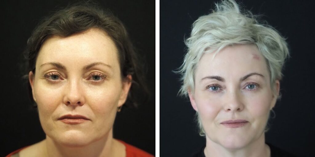 Two side-by-side portraits of a woman before and after a makeover, featuring changes in hairstyle and makeup. Saxon MD